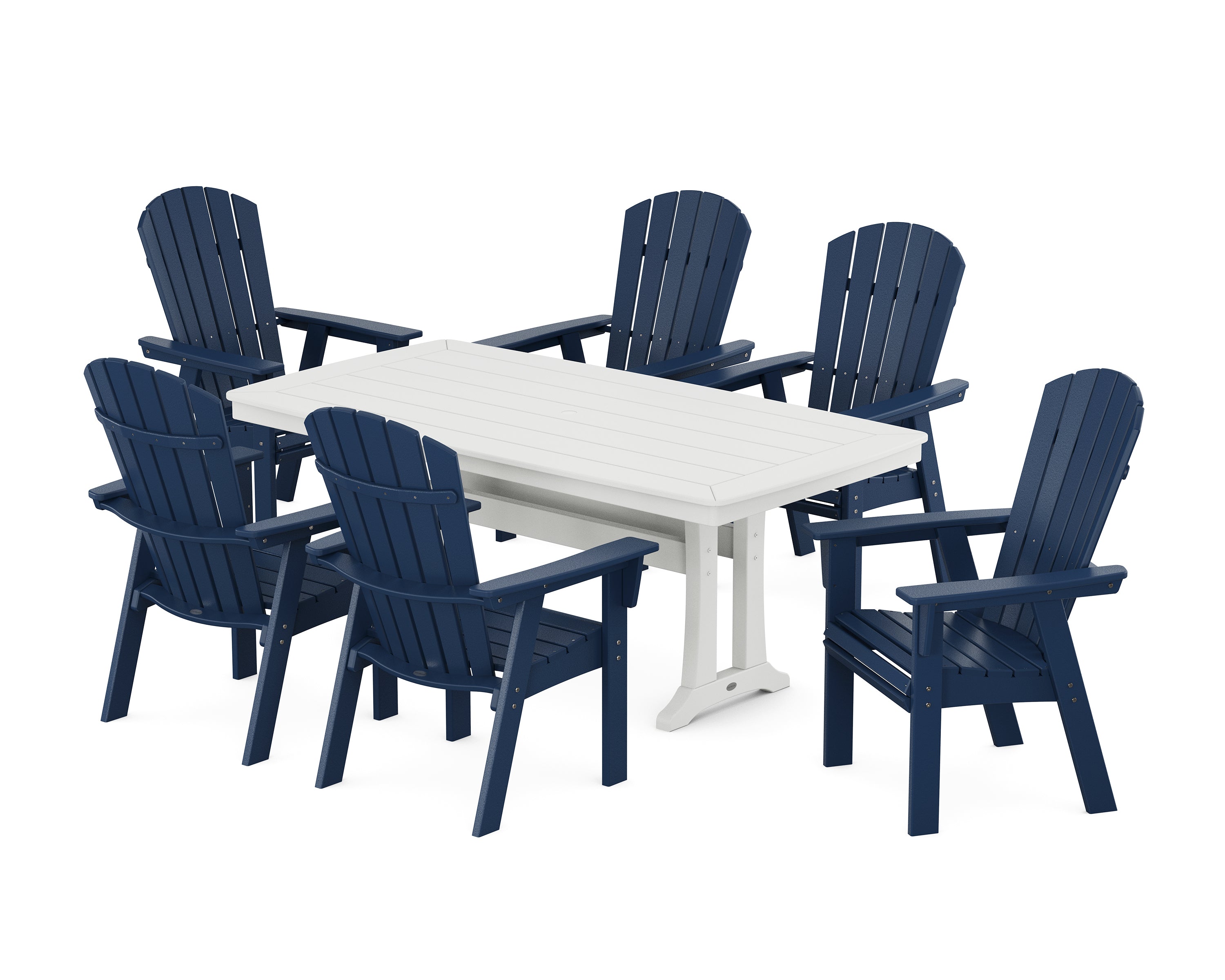 POLYWOOD Nautical Curveback Adirondack 7-Piece Dining Set with Trestle Legs