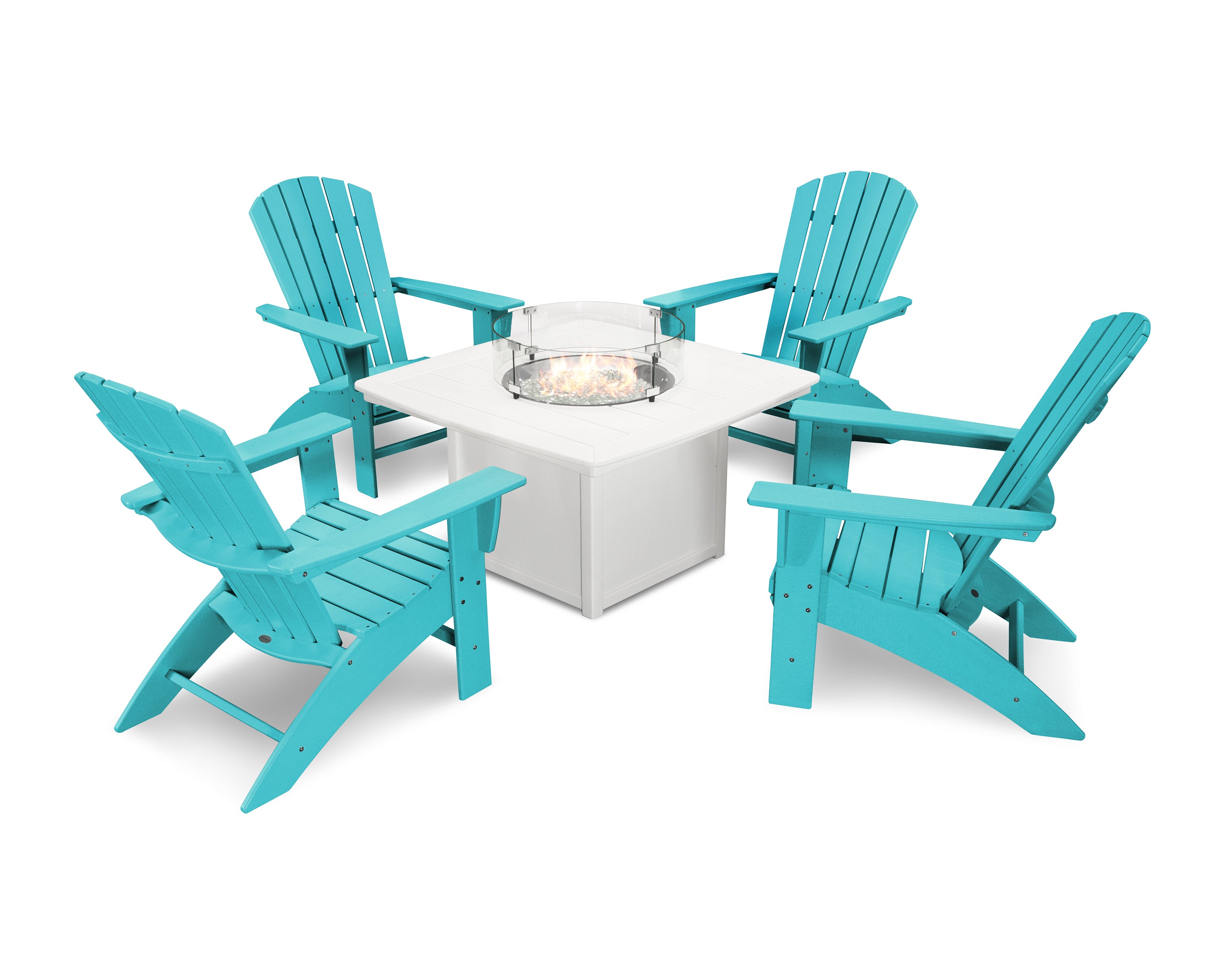 POLYWOOD Nautical Curveback Adirondack 5-Piece Conversation Set with Fire Pit Table