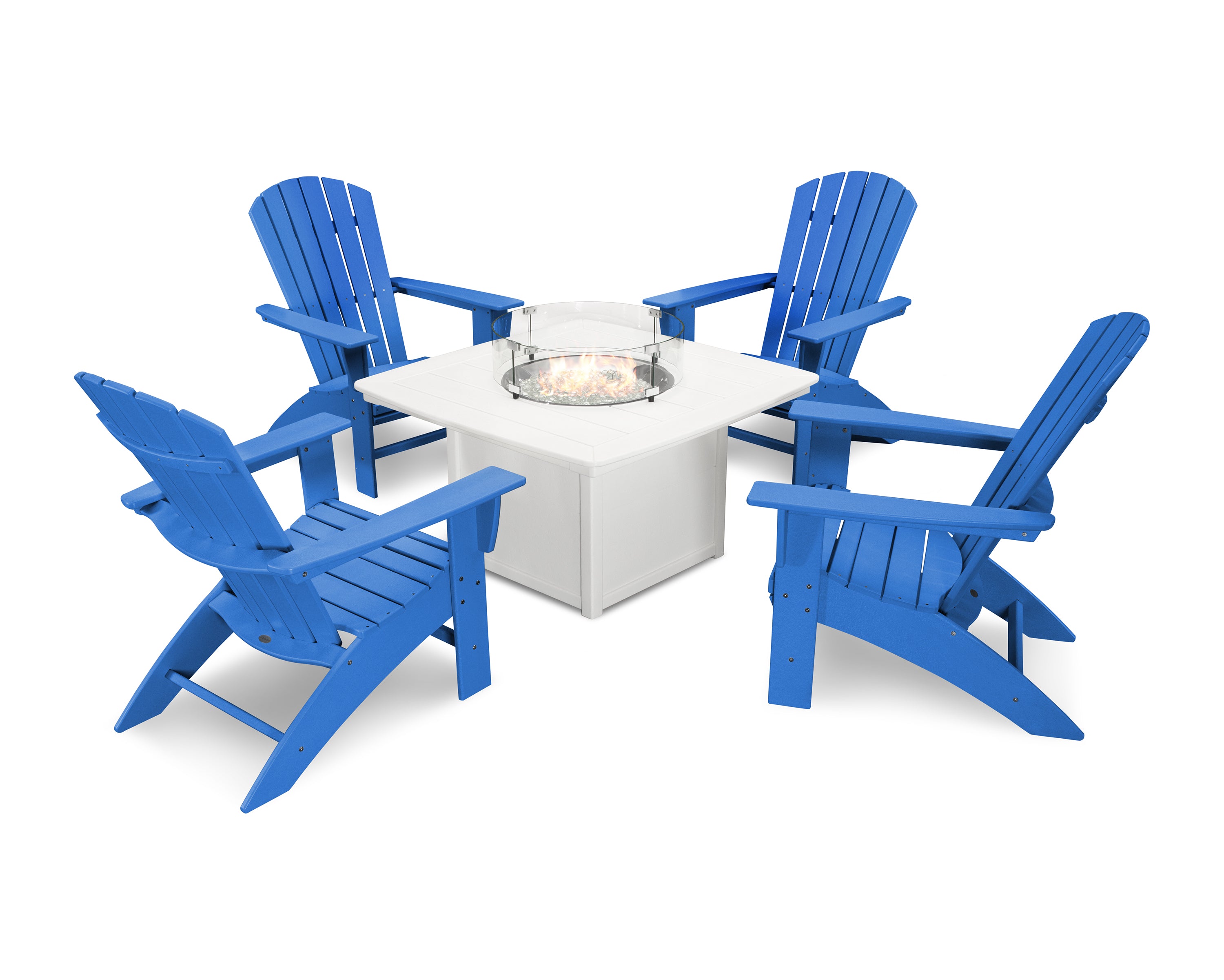 POLYWOOD Nautical Curveback Adirondack 5-Piece Conversation Set with Fire Pit Table
