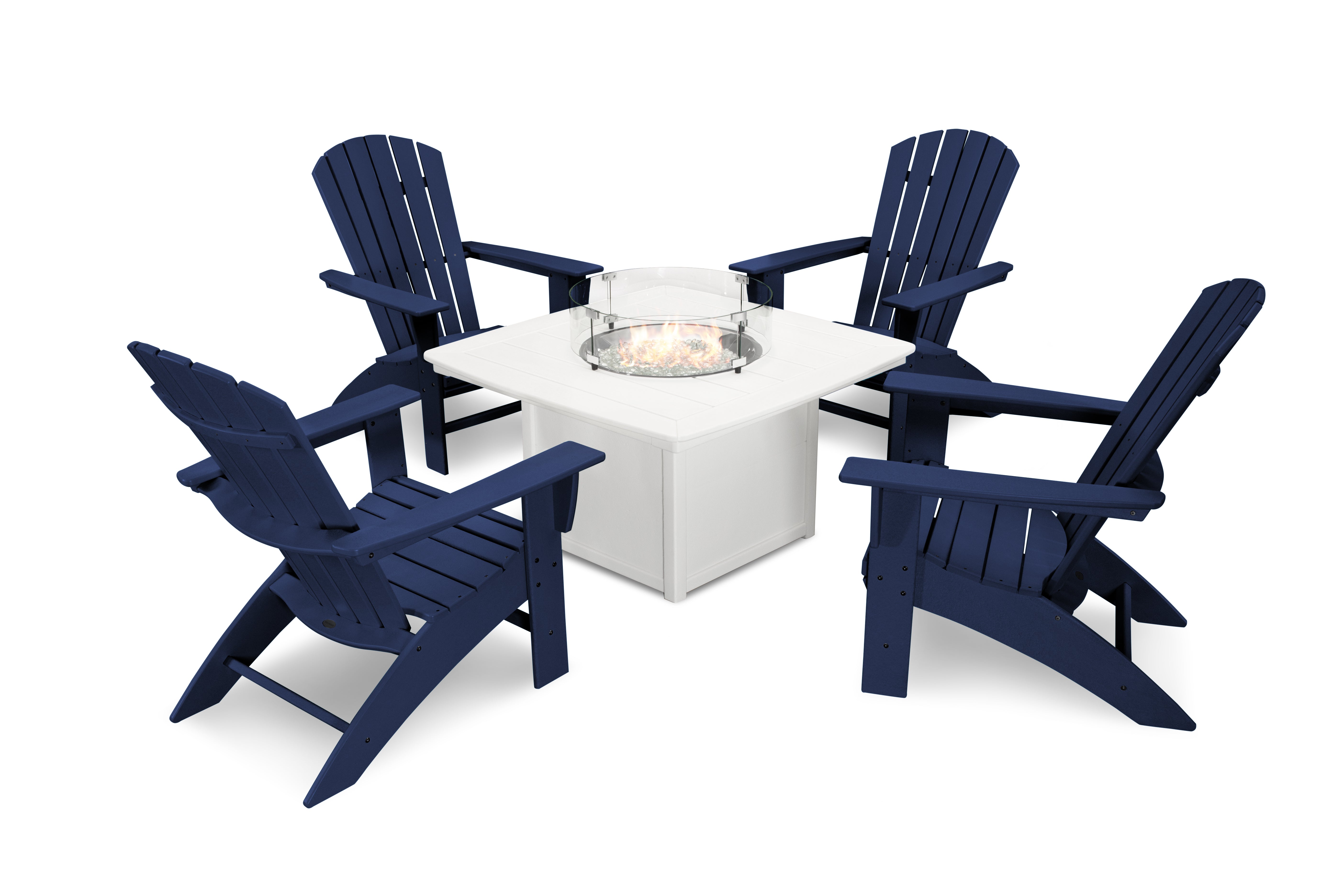 POLYWOOD Nautical Curveback Adirondack 5-Piece Conversation Set with Fire Pit Table