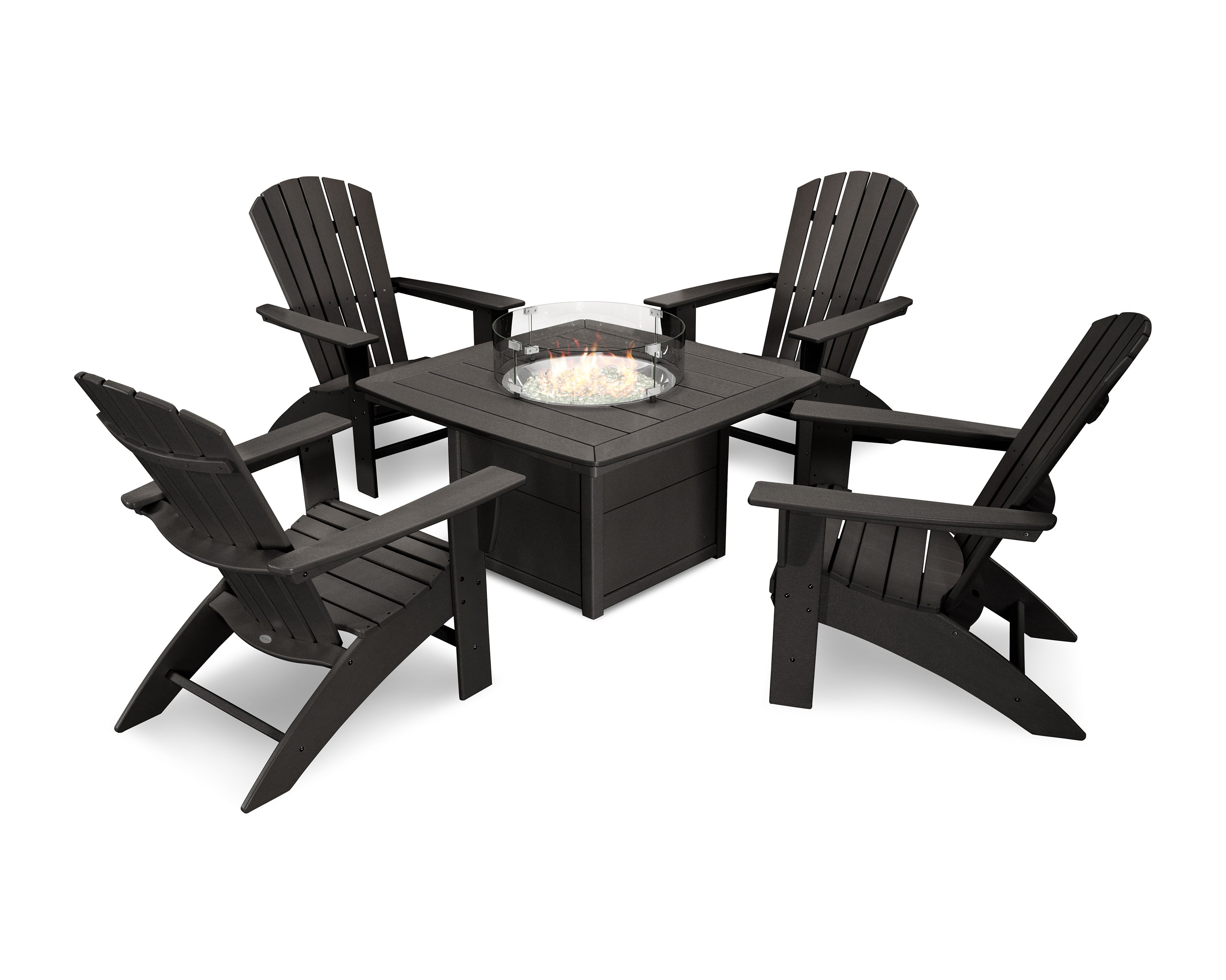 POLYWOOD Nautical Curveback Adirondack 5-Piece Conversation Set with Fire Pit Table