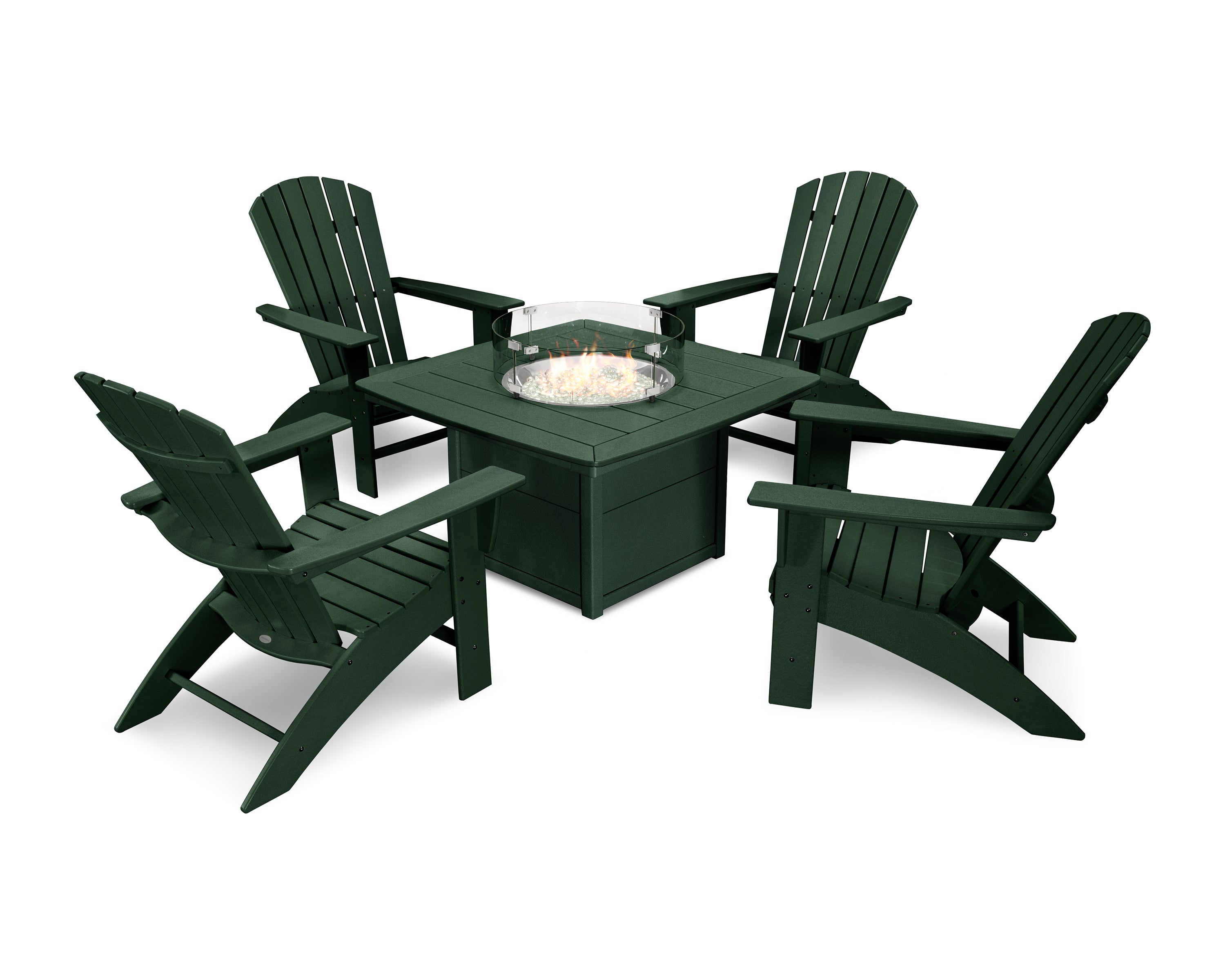 POLYWOOD Nautical Curveback Adirondack 5-Piece Conversation Set with Fire Pit Table