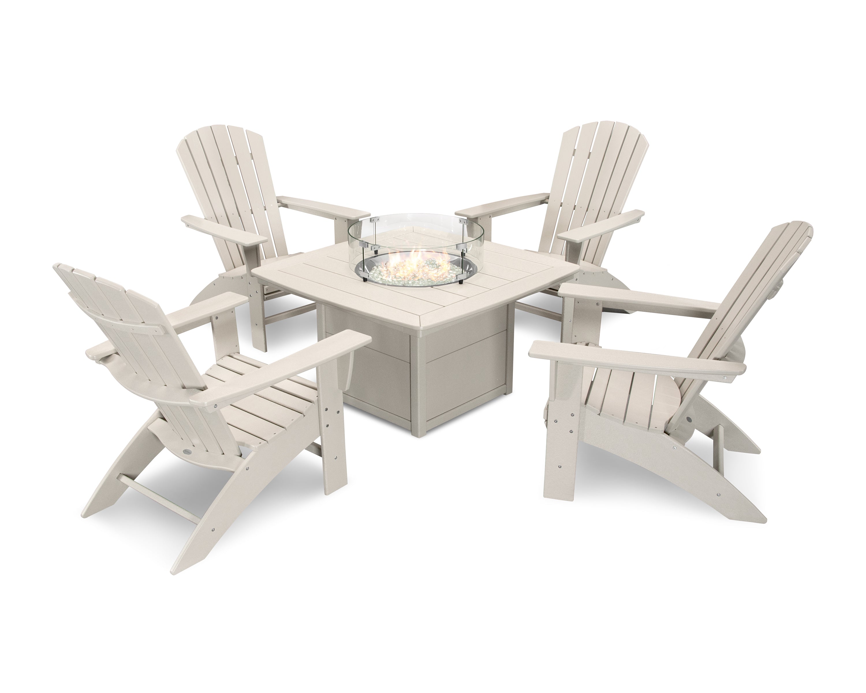 POLYWOOD Nautical Curveback Adirondack 5-Piece Conversation Set with Fire Pit Table