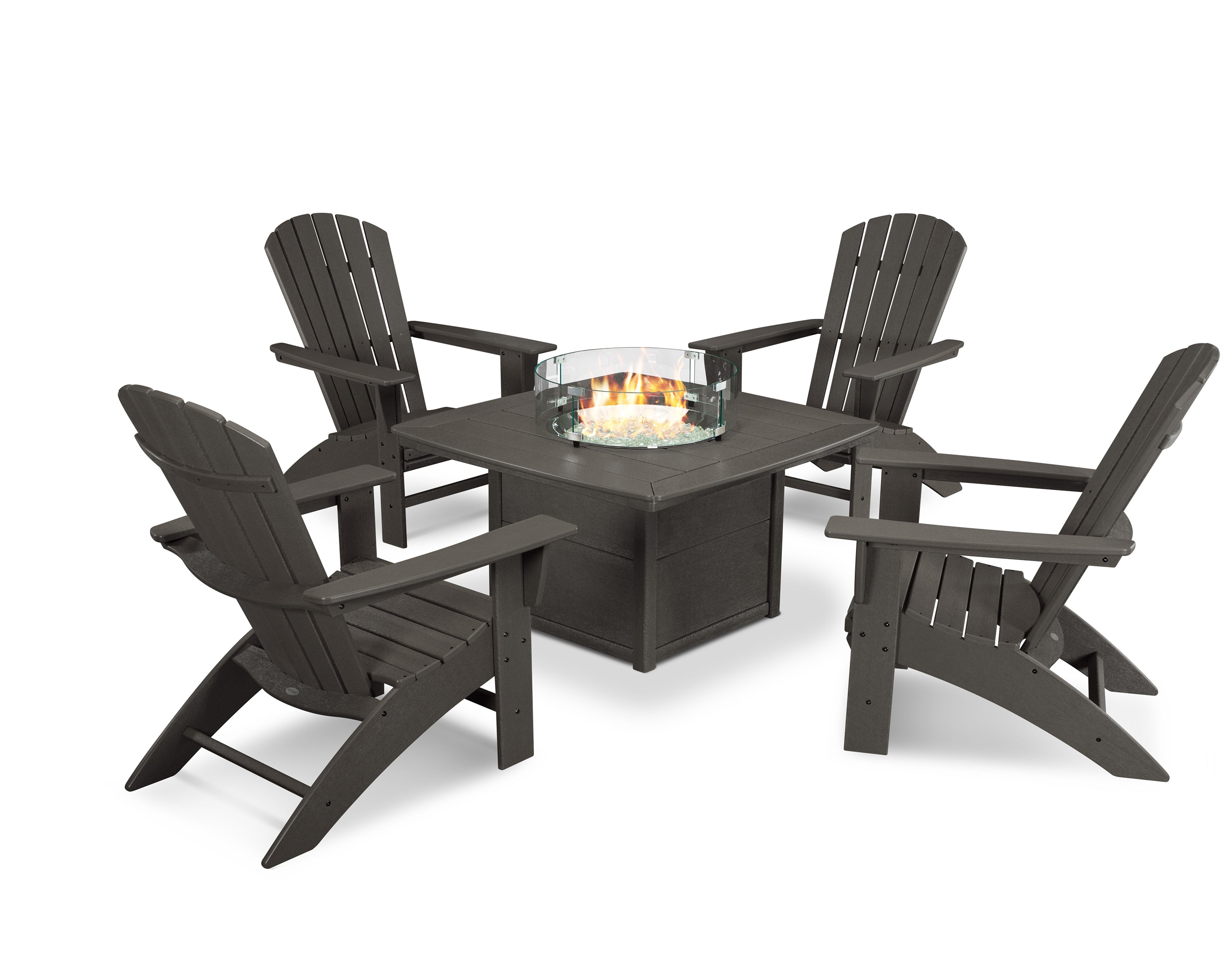 POLYWOOD Nautical Curveback Adirondack 5-Piece Conversation Set with Fire Pit Table