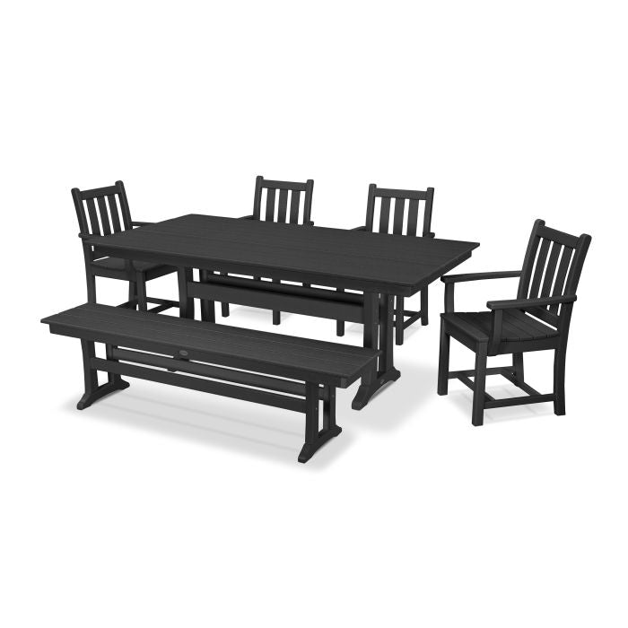 POLYWOOD Traditional Garden Arm Chair 6-Piece Farmhouse Dining Set with Trestle Legs and Bench