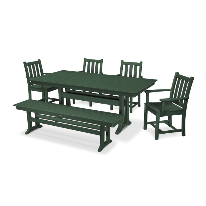 POLYWOOD Traditional Garden Arm Chair 6-Piece Farmhouse Dining Set with Trestle Legs and Bench