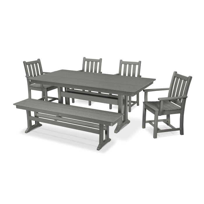 POLYWOOD Traditional Garden Arm Chair 6-Piece Farmhouse Dining Set with Trestle Legs and Bench