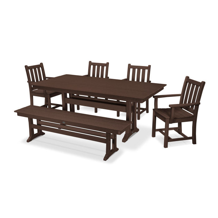 POLYWOOD Traditional Garden Arm Chair 6-Piece Farmhouse Dining Set with Trestle Legs and Bench