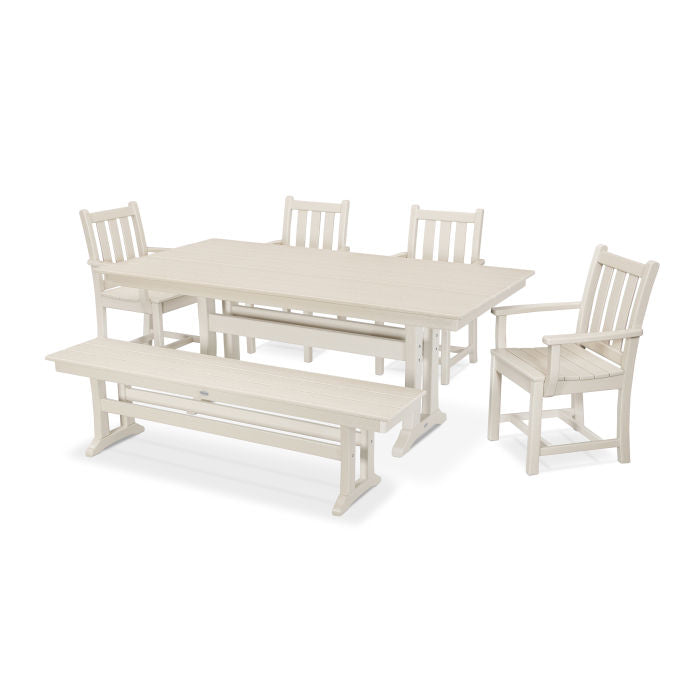 POLYWOOD Traditional Garden Arm Chair 6-Piece Farmhouse Dining Set with Trestle Legs and Bench
