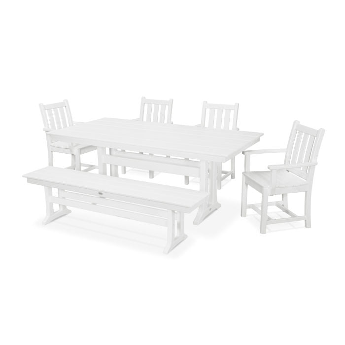 POLYWOOD Traditional Garden Arm Chair 6-Piece Farmhouse Dining Set with Trestle Legs and Bench