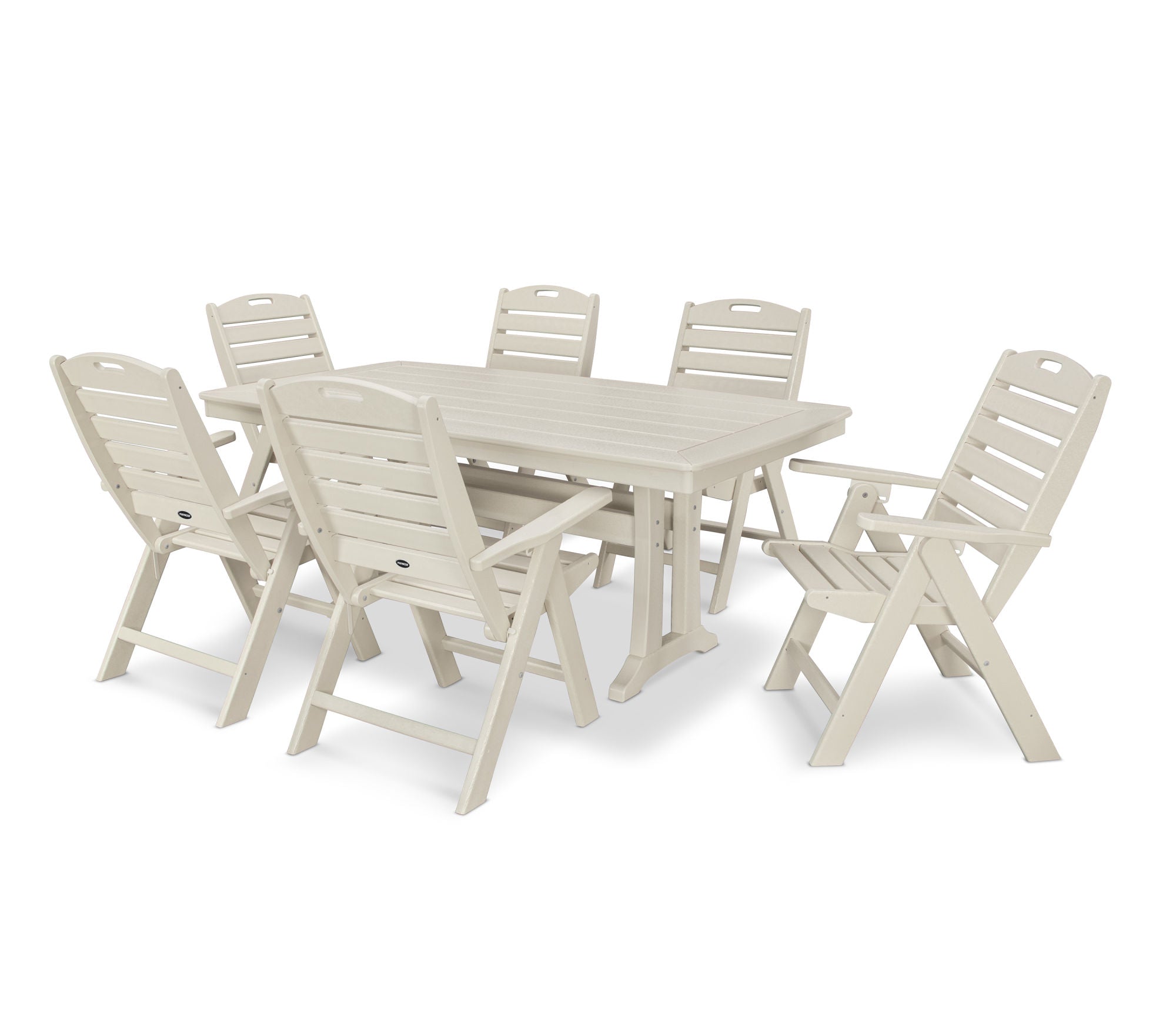 POLYWOOD 7-Piece Nautical Folding Highback Chair Dining Set with Trestle Legs